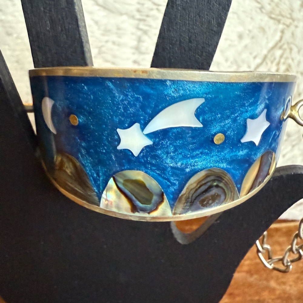 Blue Celestial ponytail holder hair ornament Silver Tone marked Mexico Inlay